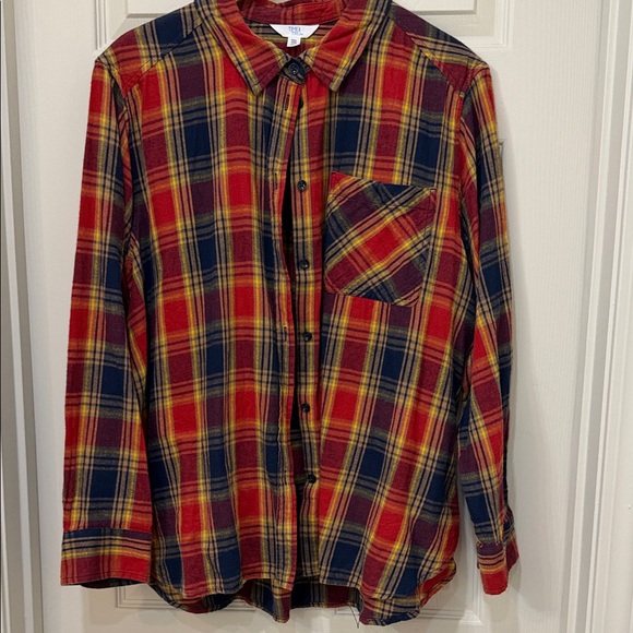 Time and Tru Tops - Time and Tru Women's Plaid Button Down Shirt - Red, Yellow, and Blue